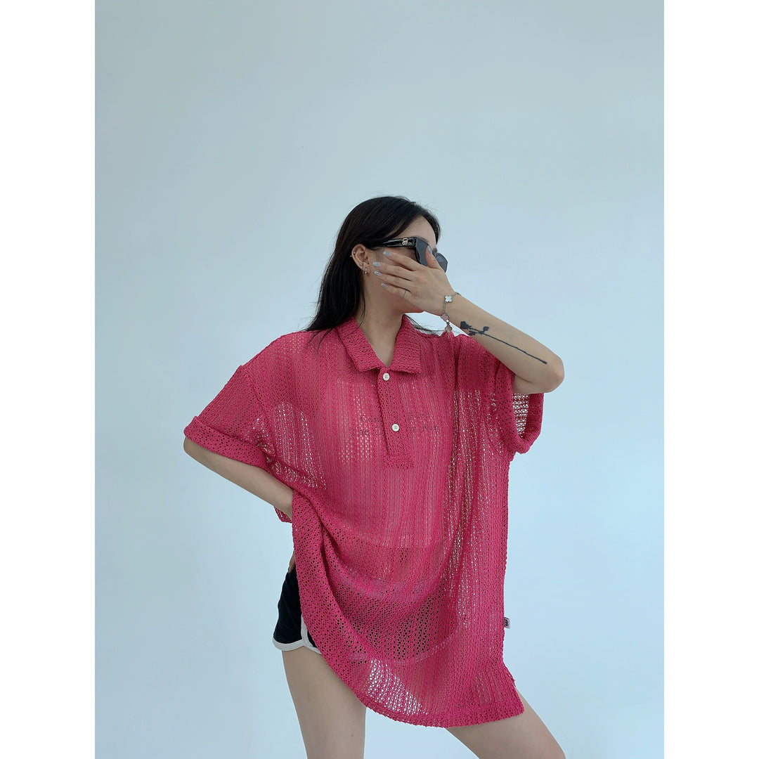 Hollow Knit Polo Collar Short Sleeve Top