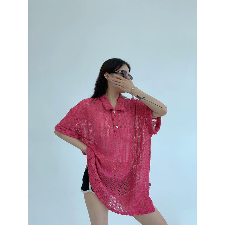 Hollow Knit Polo Collar Short Sleeve Top