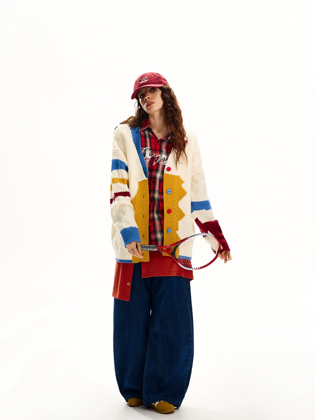 V-Neck Contrast Knit Cardigan