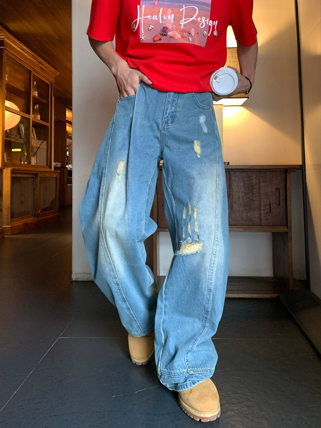 Losse Pas Versleten Gewassen Jeans Broek 