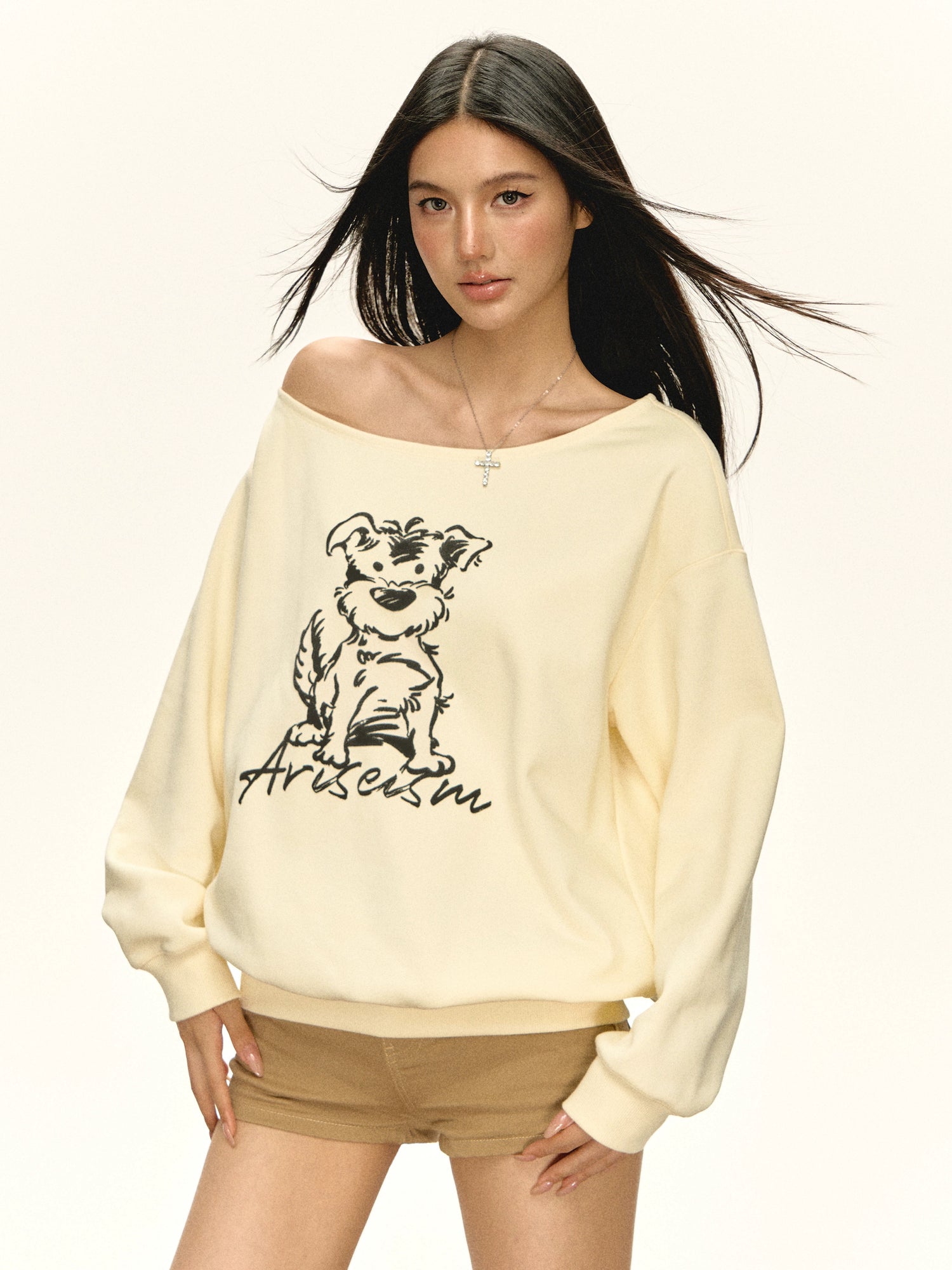Off Shoulder Dog Graphic Hoodie