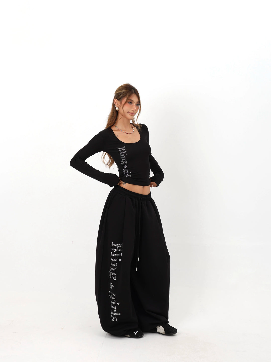 U-hals Rhinestone Slim Långärmad Topp 