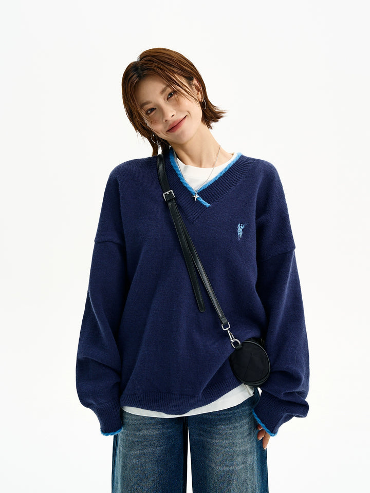 V-Ausschnitt Bestickter Lässiger Sweatshirt 