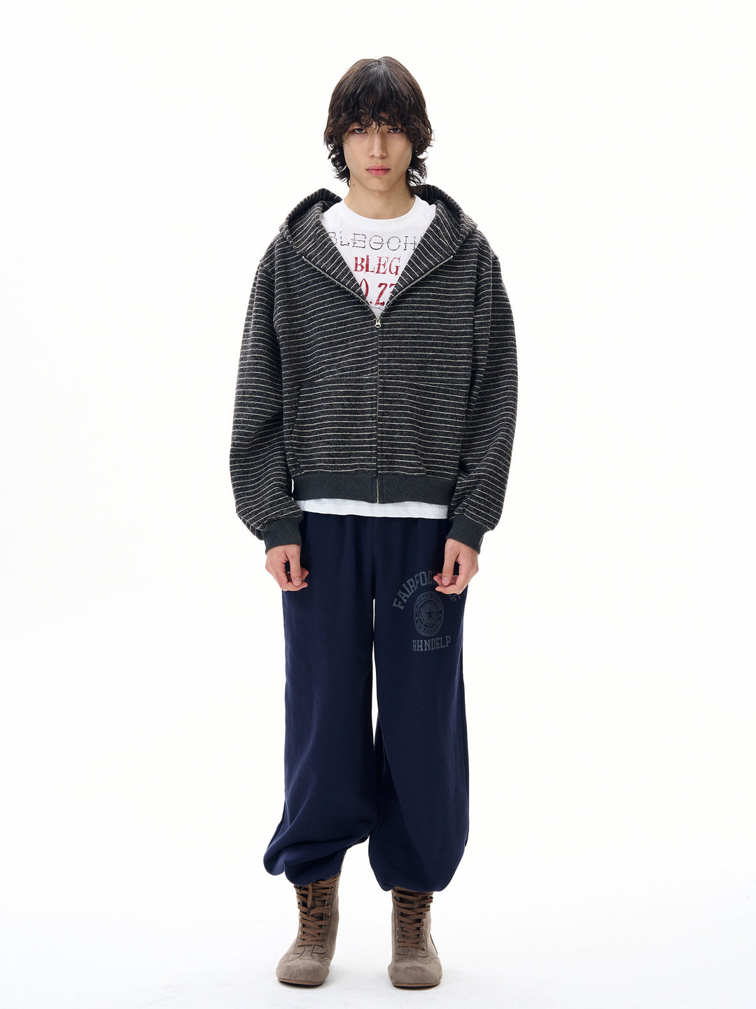 Stribet strik zip-up sweater jakke 