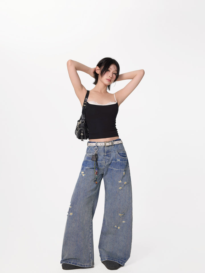 Wide-Leg Distressed Baggy Jeans