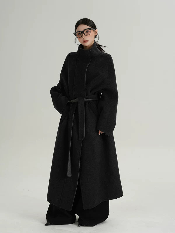 Двустороннее пальто с завязками на шее из длинной шерсти 