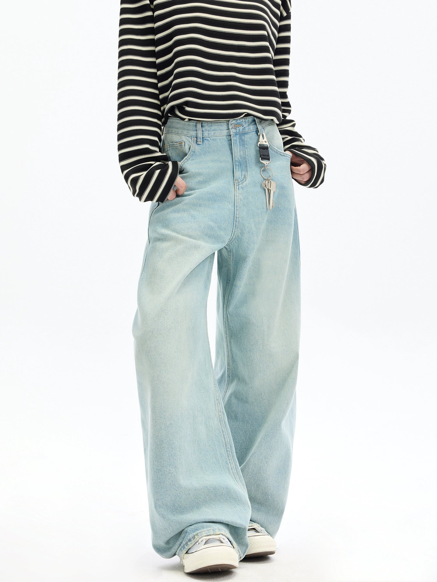 カジュアルウォッシュワイドレッグデニムパンツ 