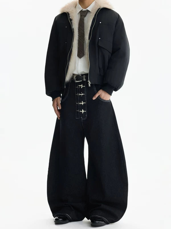 Широкие джинсы из сырого денима с пряжкой 