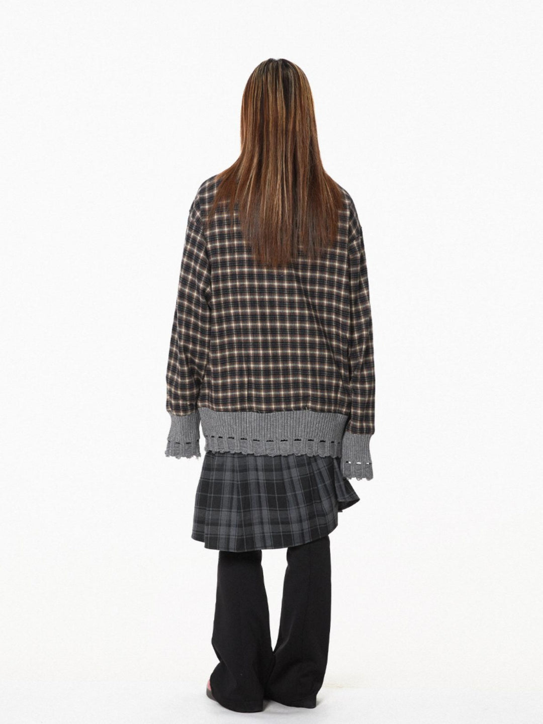 Plaid Stand-Up Collar Knitted Jacket
