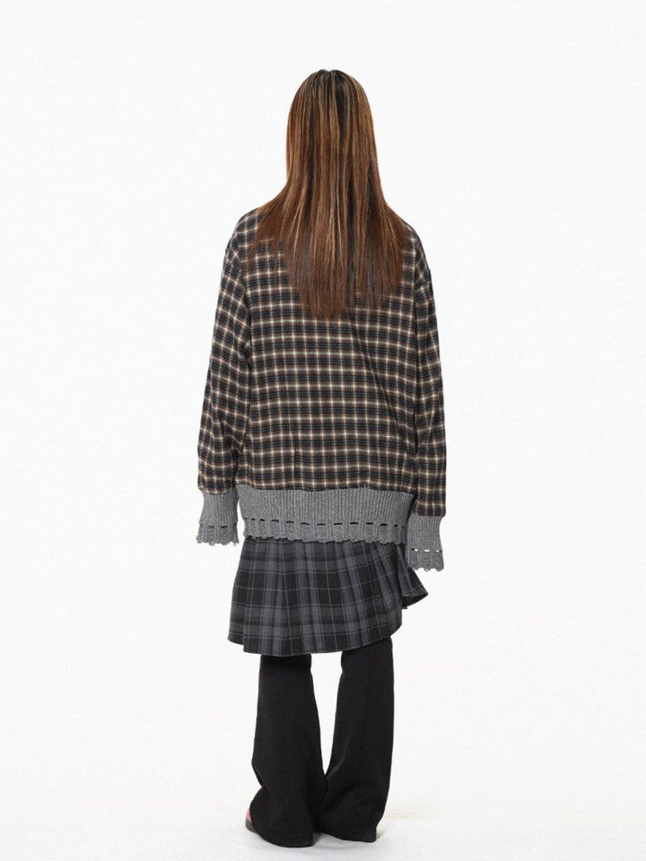 Plaid Stand-Up Collar Knitted Jacket