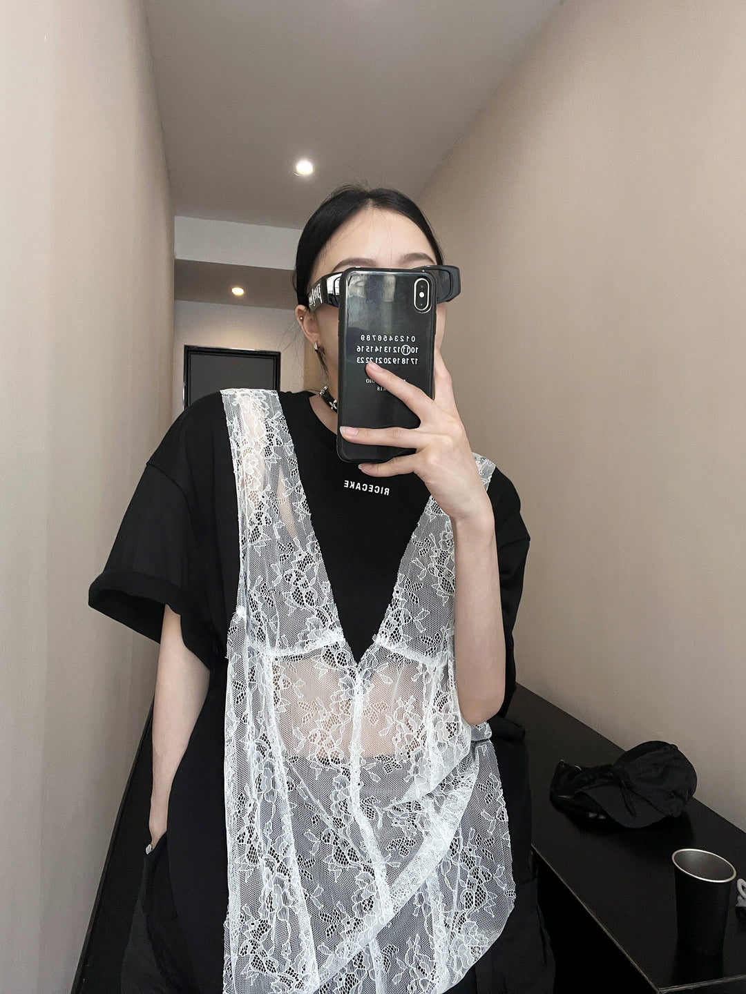 Mesh Lace Overlay Short Sleeve T-shirt