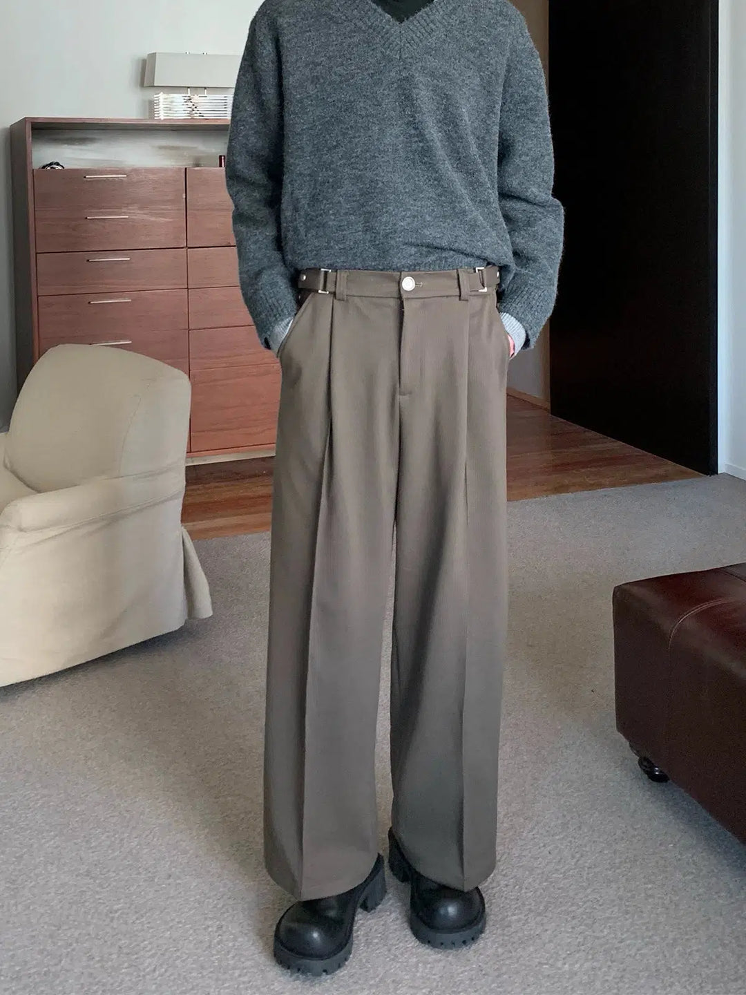 Elastic Waist Buckle Woolen Pants