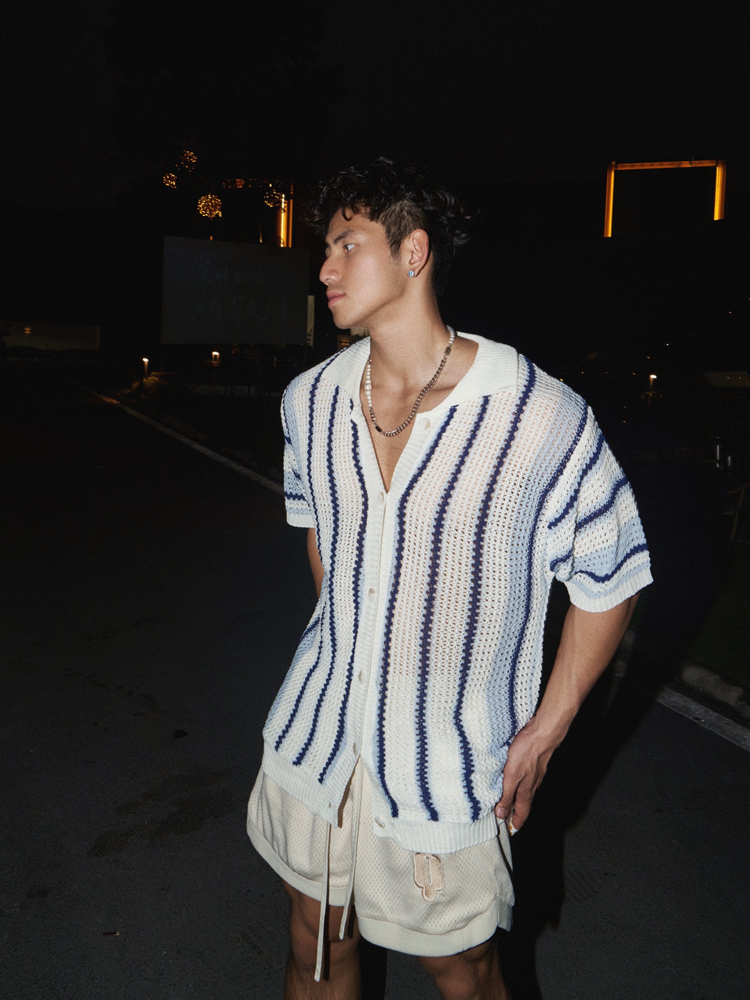 Striped Short Sleeve Button Up Knit Shirt