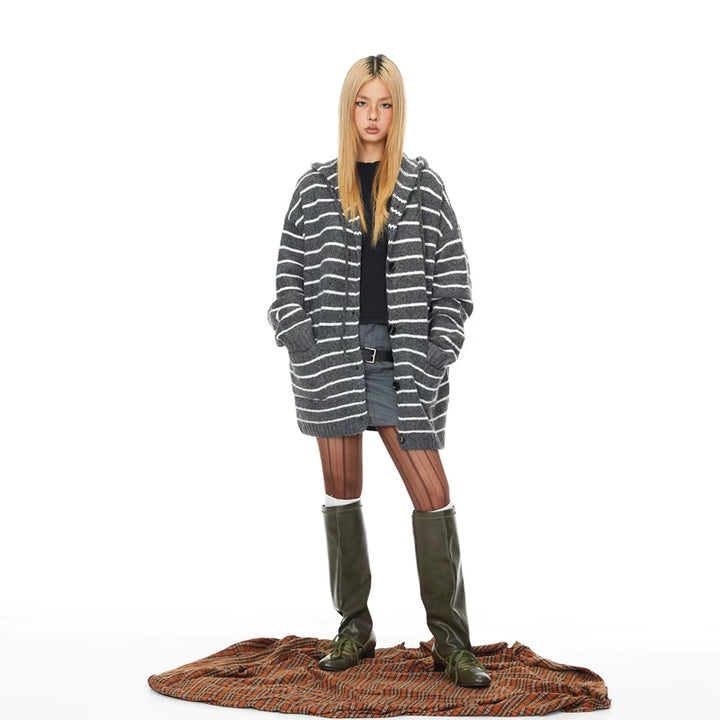 Striped Knit Hooded Cardigan