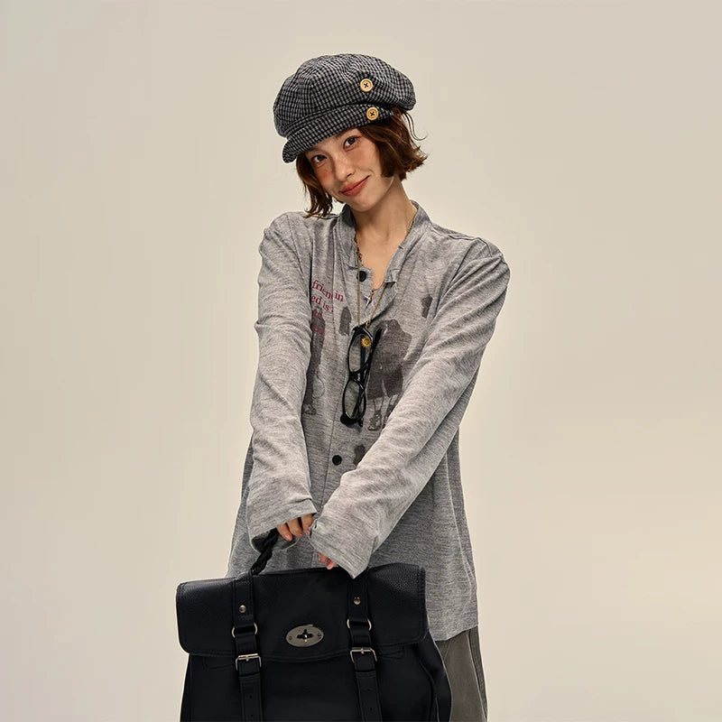 Retro karaktärstryck långärmad skjorta 