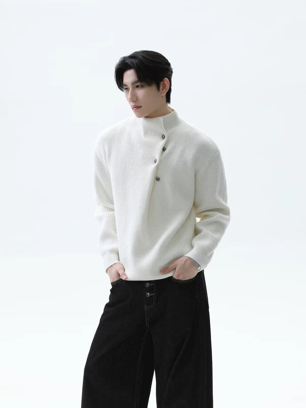 하이넥 버튼 다운 니트 스웨터 