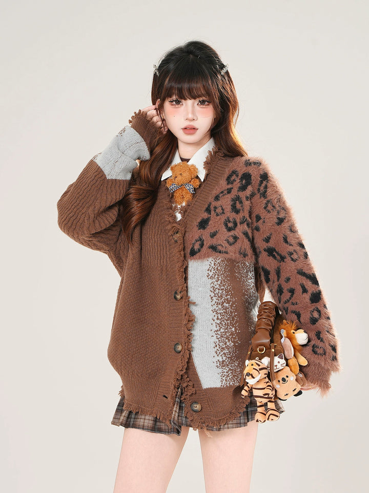 Leopard Patchwork Knitted Cardigan