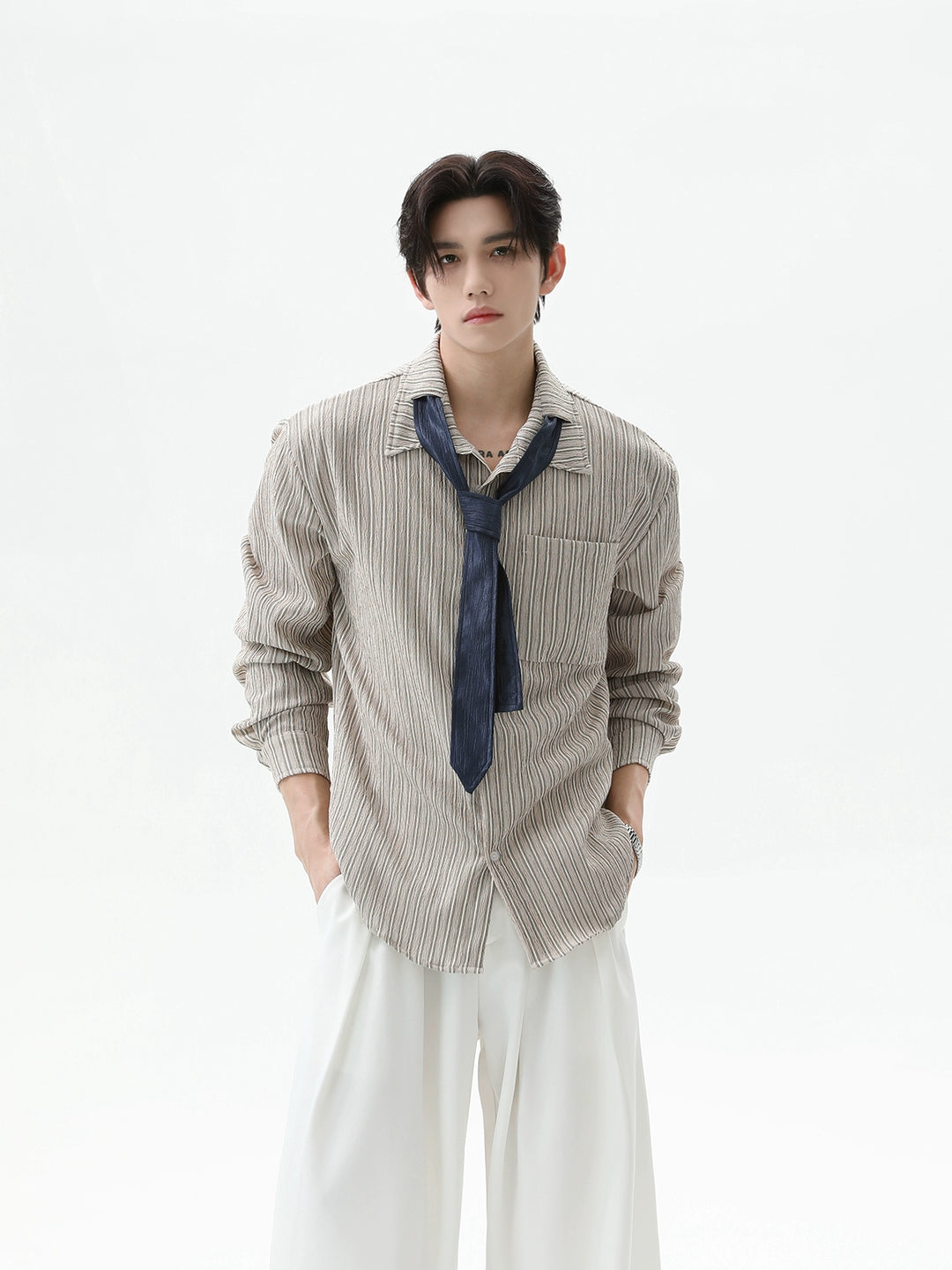 Pleated Striped Long Sleeve Shirt with Tie