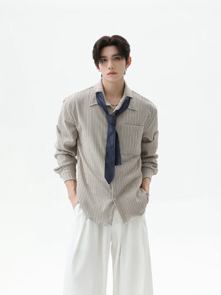 Pleated Striped Long Sleeve Shirt with Tie