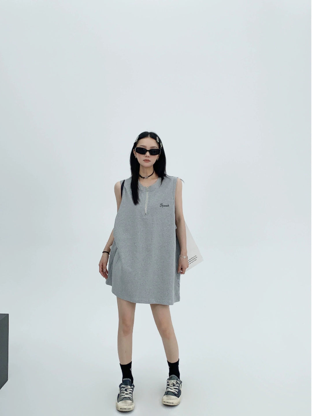 Zipper Embroidered Oversized Tank Top