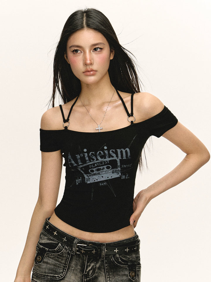 T-shirt graphique slim à épaules dénudées rétro 