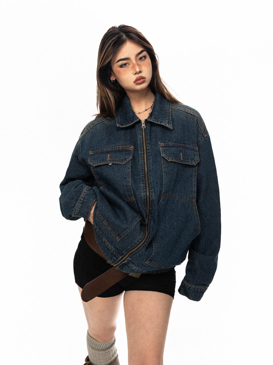Džínová vyšívaná distressed casual bunda 