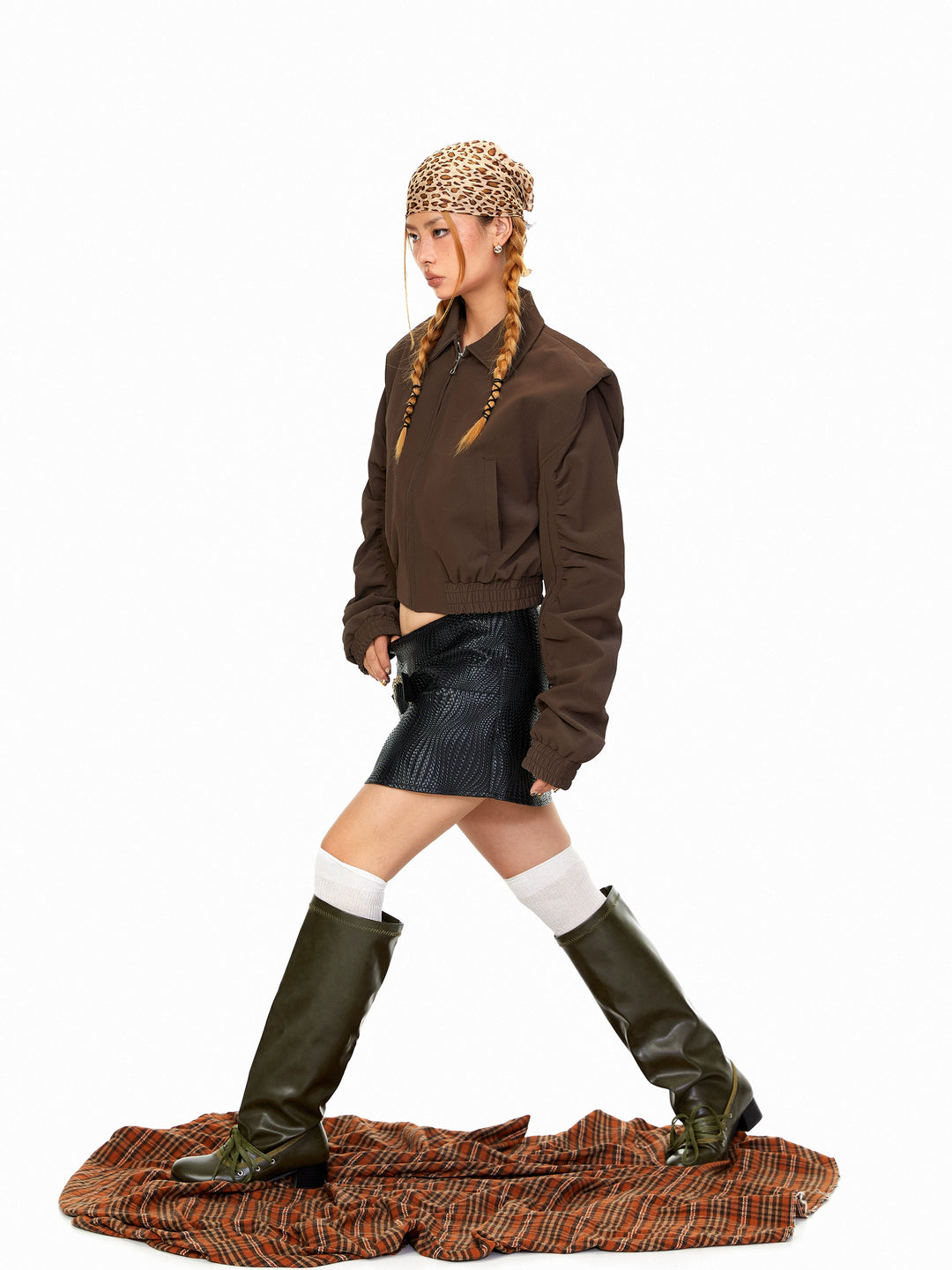 Padded Shoulder Cropped Leather Jacket