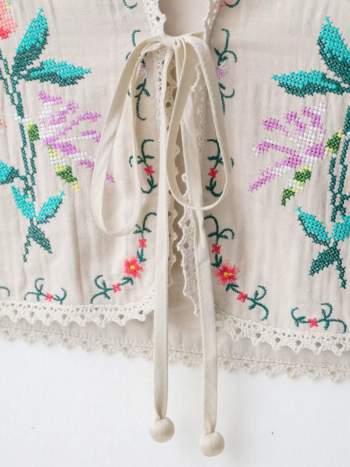 Cotton Floral Embroidered Tie Front Vest