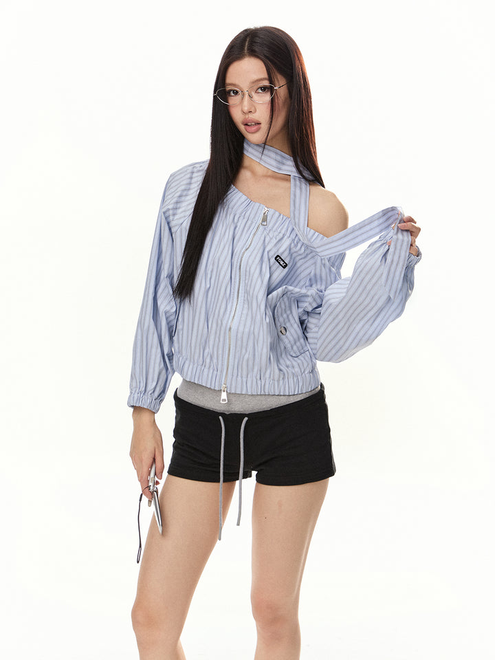 Oblique Shoulder Striped Zip-Up Jacket