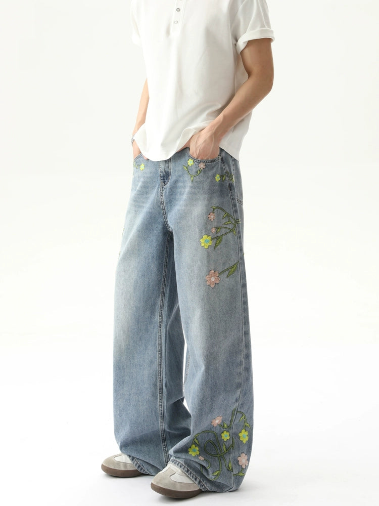 Embroidered Flower Wide-Leg Jeans