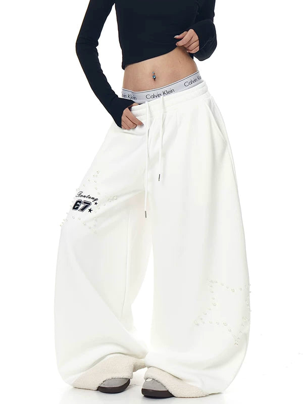 Boncuklu Yıldızlarla Fleece Geniş Paça Eşofman Pantolonu 