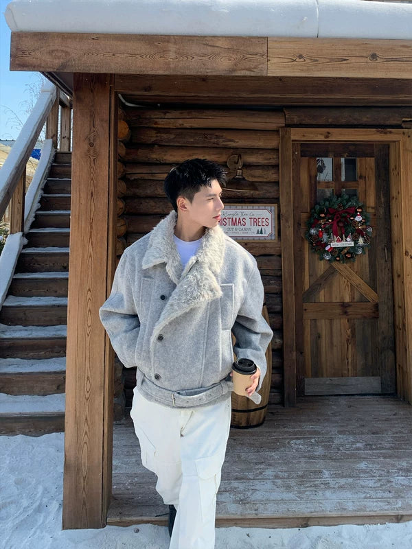 Dubbelt knäppt ulljacka med slagkrage 