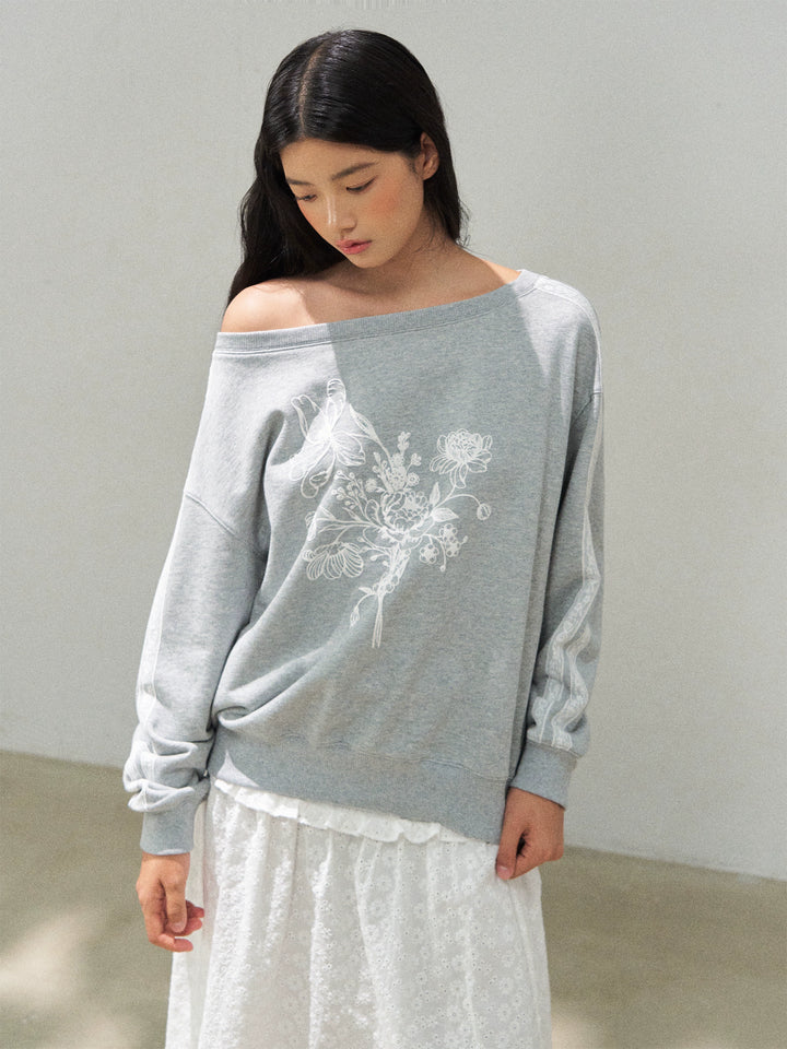 Retro Off Shoulder Floral Sweatshirt