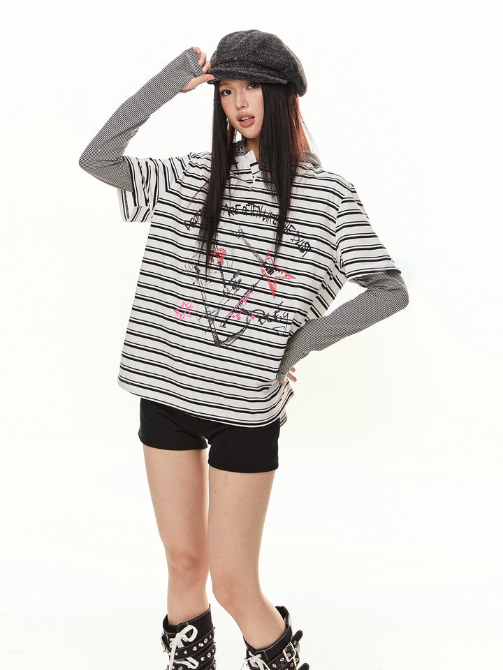 Striped Retro Graphic Loose Turtleneck Top