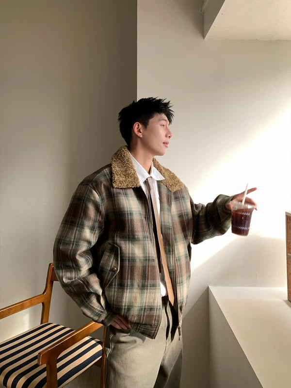 플래드 셔파 칼라 패딩 겨울 재킷 