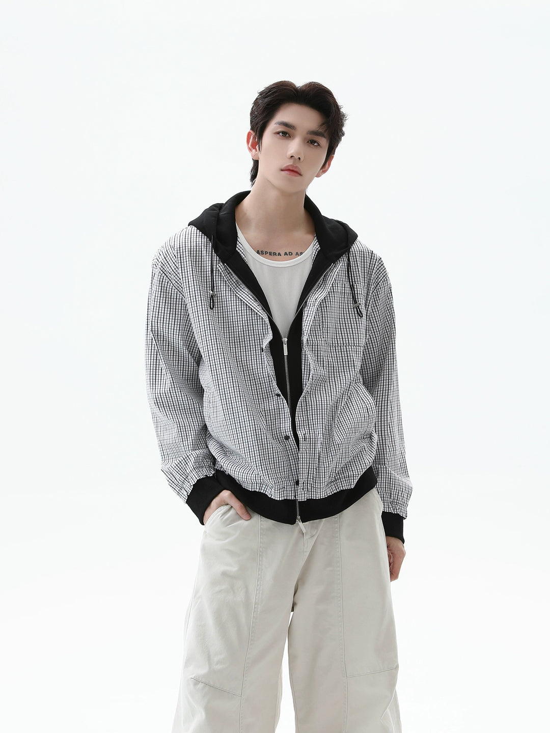 Plaid Zip Up Hooded Cardigan