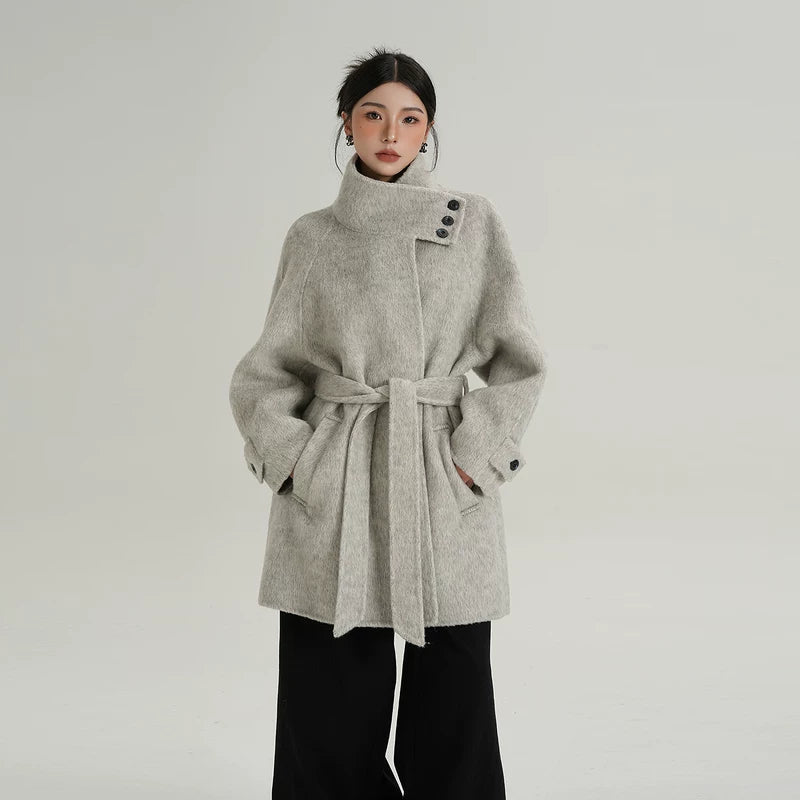 Mid-Length Wool Coat with Stand Collar