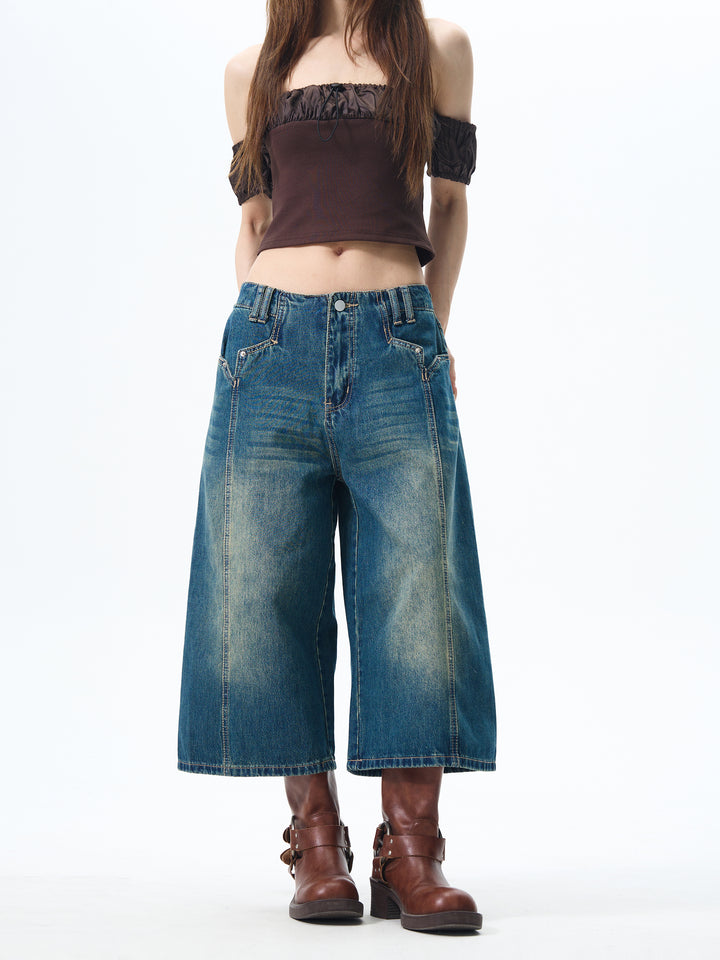 Wide-Leg Cropped Denim Pants