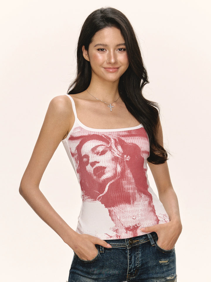 Graphic Print Ribbed Tank Top