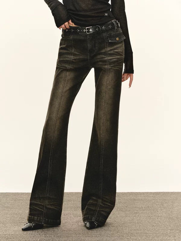 Pantaloni in denim a gamba svasata a vita media 