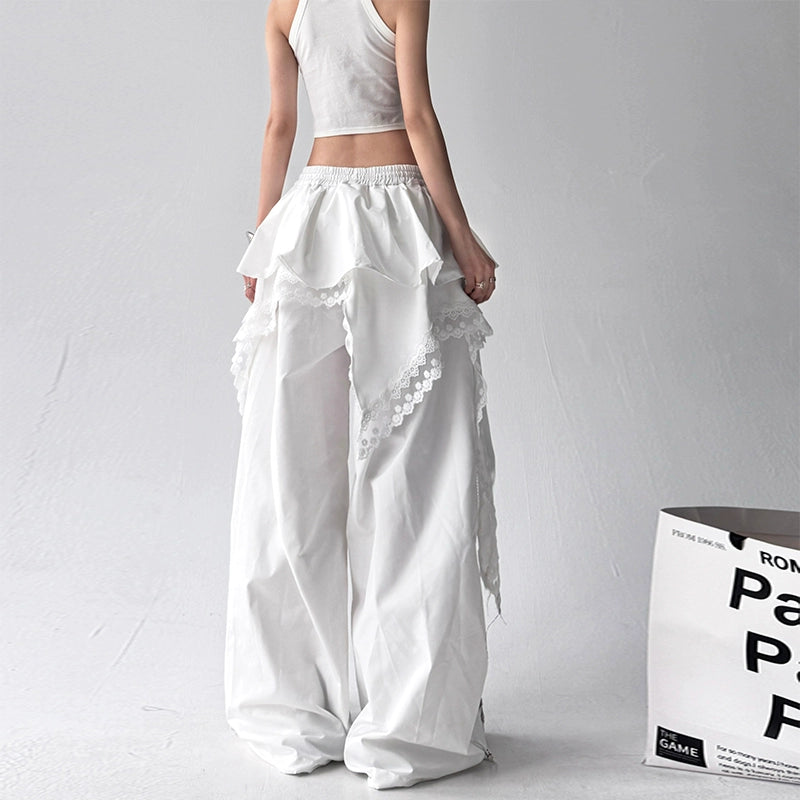 Lace Ribbon Wide-Leg Layered Pants