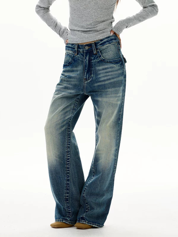 편안한 스트레이트 레그 워시드 데님 팬츠 