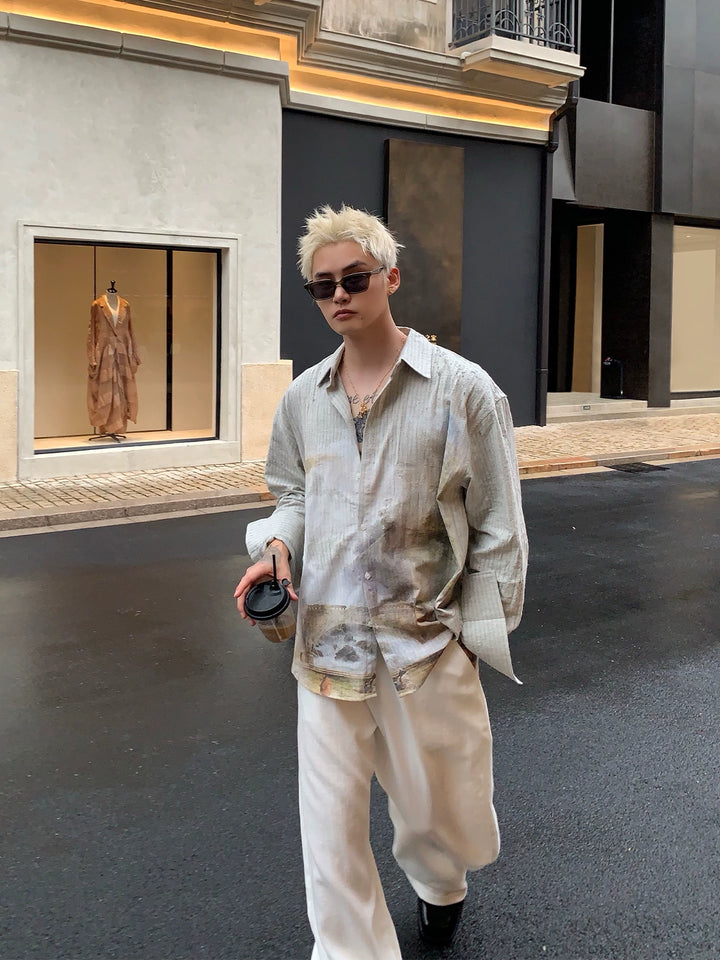 Retro blekket bomull-lin stoff casual skjorte 