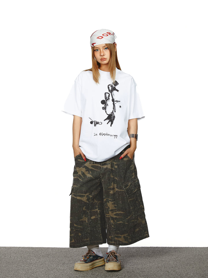 Camouflage Distressed Drawstring Denim Cropped Pants