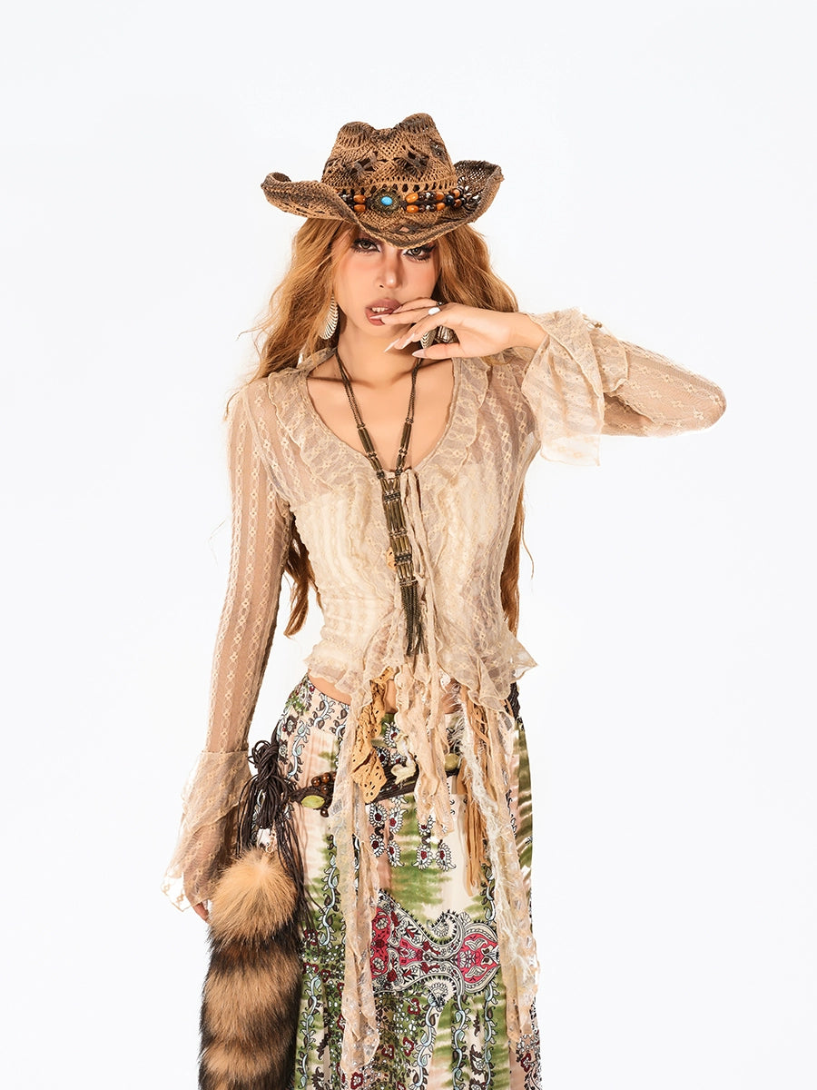 Cardigan Blouse à volants en dentelle rétro avec des franges 