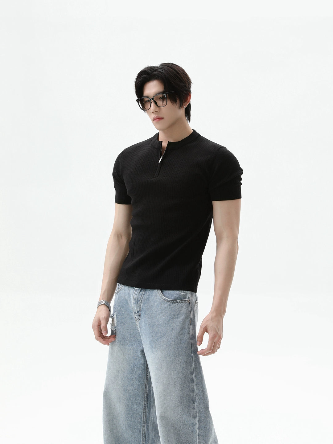 Pullover a maniche corte a coste con colletto a zip 