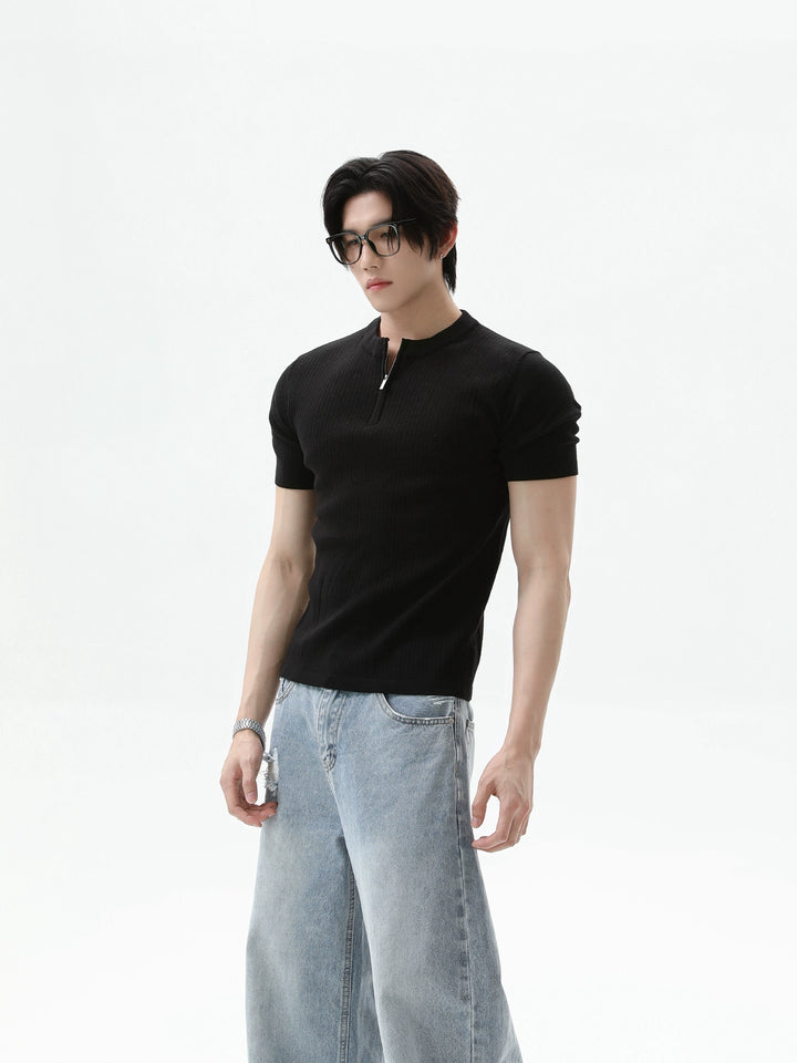 Pullover a maniche corte a coste con colletto a zip 