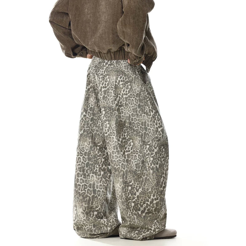 Gestreepte Leopard Print Wijde Pijpen Jeans 