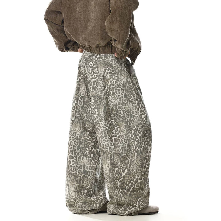 Gestreepte Leopard Print Wijde Pijpen Jeans 