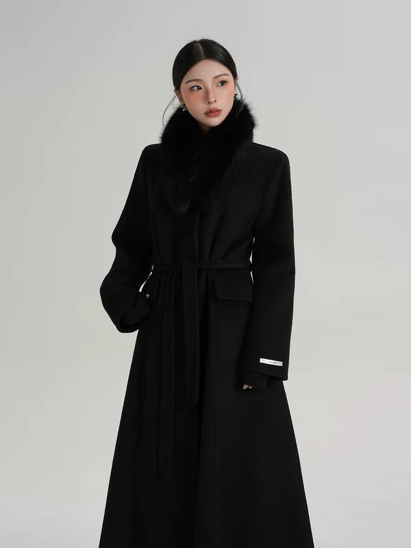 Long Wool Coat with Fur Collar
